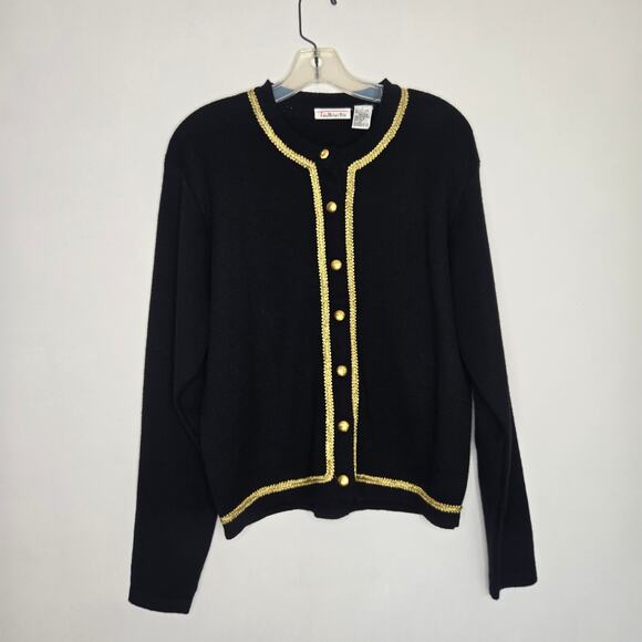 Vintage Talbots Wool Cardigan Sweater Black Gold Trim Holiday Women Large - Picture 9 of 11